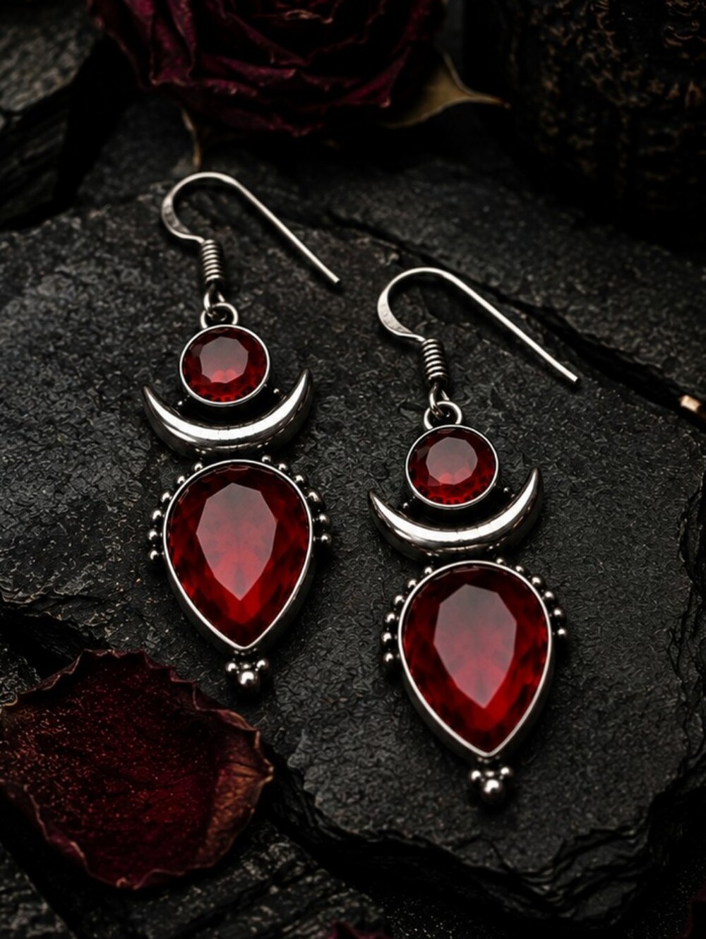 925 Sterling Silver Genuine Garnet Crescent Moon Drop Earrings Whimsigoth 2"